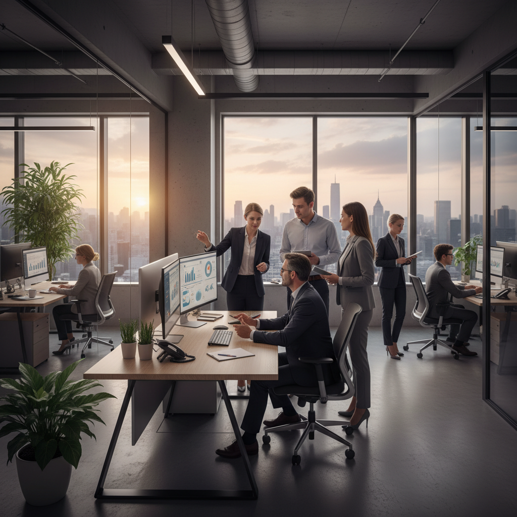 image of people working around a ceo sitting at his desk in discussion