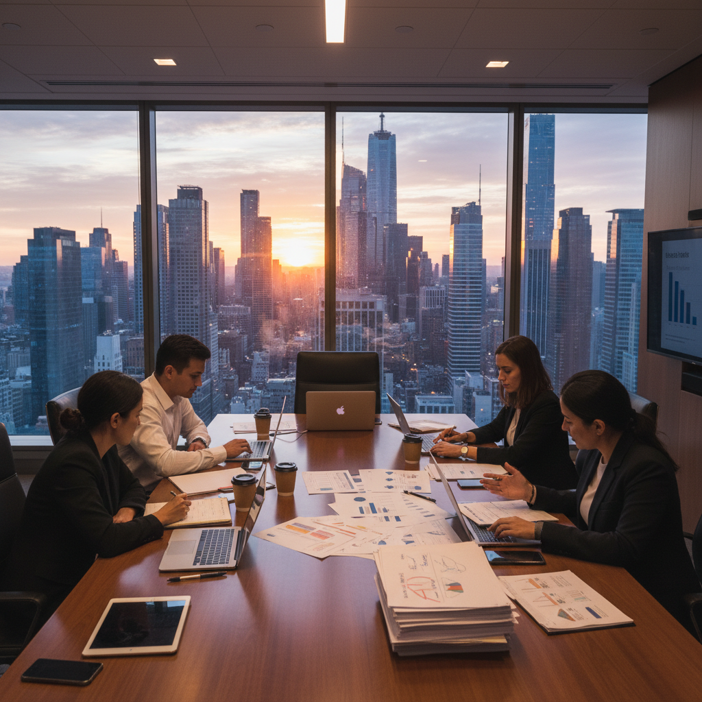 image of people working around a desk in a conference room with papes, laptops and a city skyline int he windows behind them
